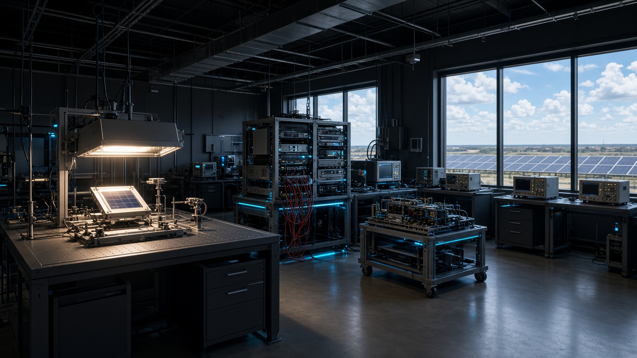 Solar energy technology lab with photovoltaic test equipment in Texas