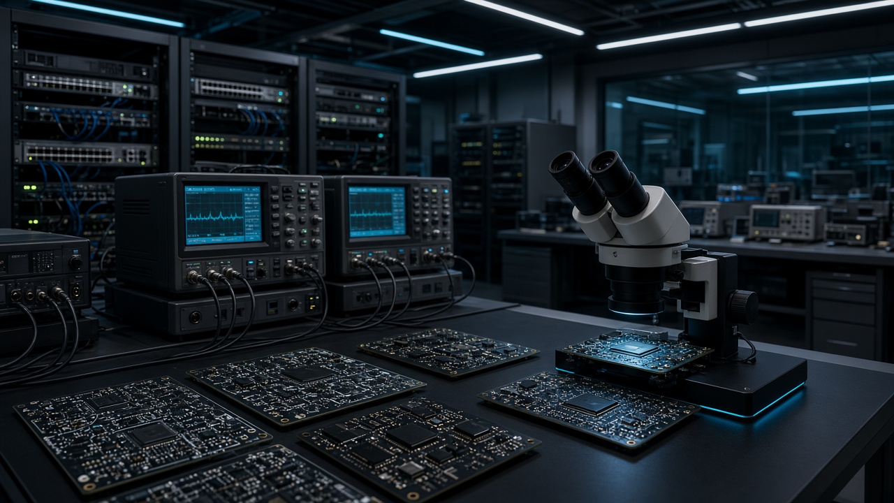 Electronics lab with motherboards, microprocessors, and network test gear