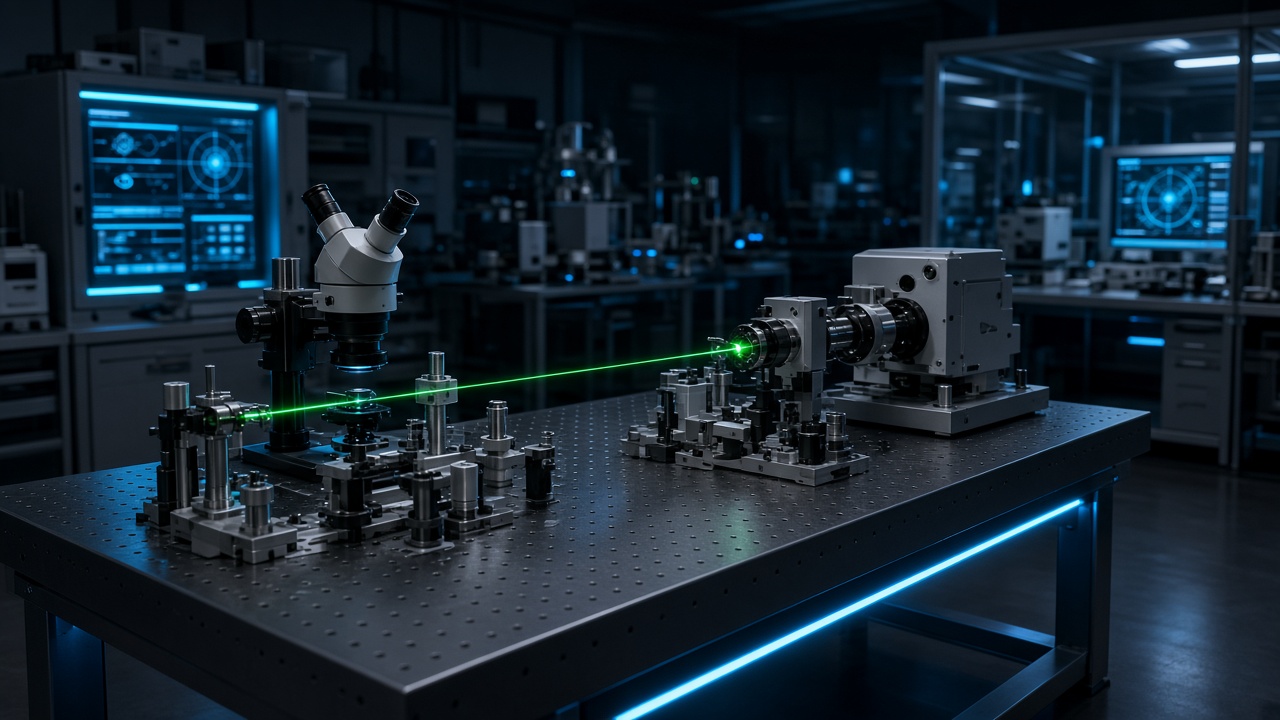 High-technology optical laboratory with precision laser alignment